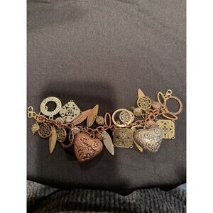 Tri-color heart charm 8” bracelet & earrings in silver, copper, and gold tones